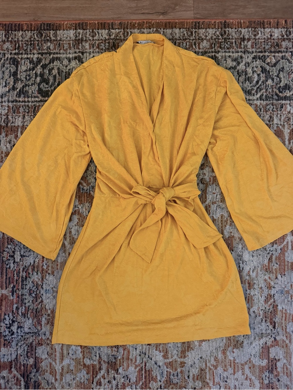 Zara Mustard Yellow Tie-Waist Mini Kimono Dress